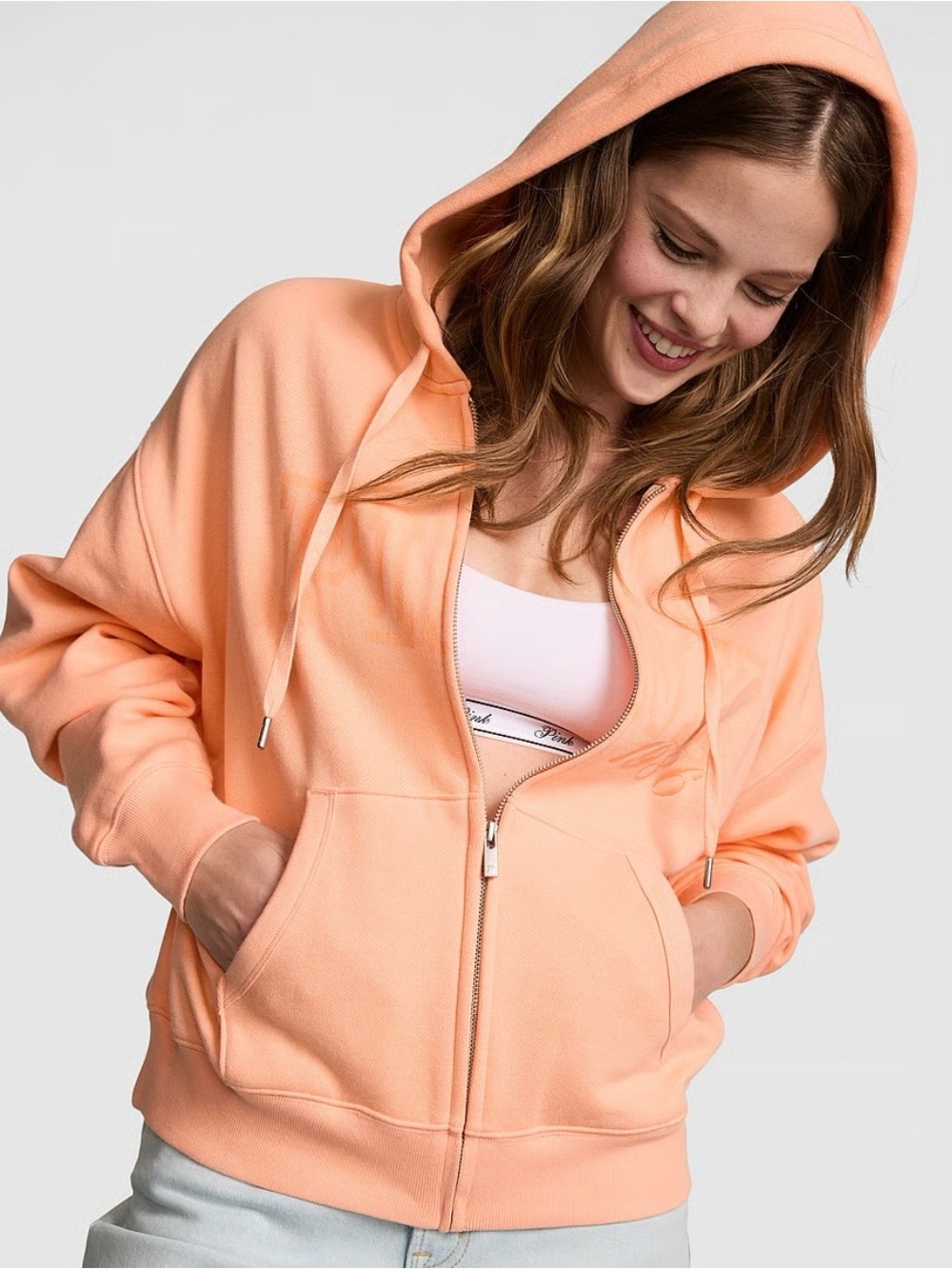 PINK Victoria's Secret Peach Tree Campus Fleece Zip-up Hoodie